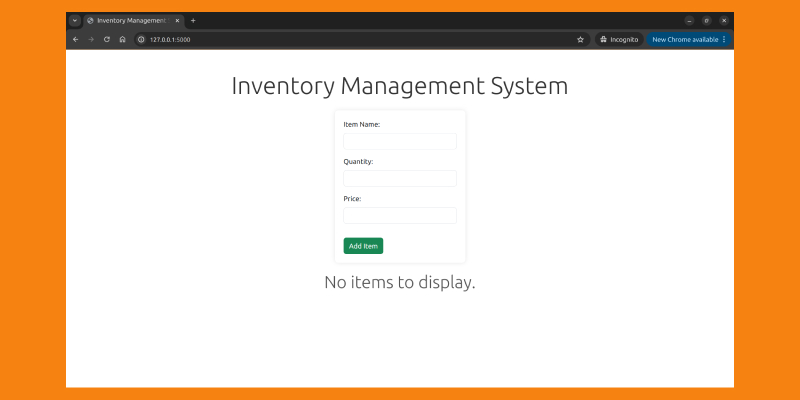 a snapshot of a landing page with a form tha will help users login to an inventory managagement system and list/view the items places in the inventory
